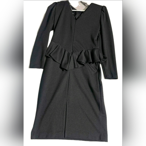 Vtg 80s JSJ John Roberts Black Beaded Peplum Dress - Picture 2 of 7